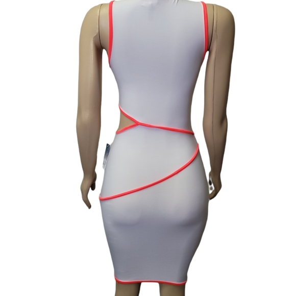 Women's Midi White Body Dress with Neon Orange Trim S - Picture 3 of 6